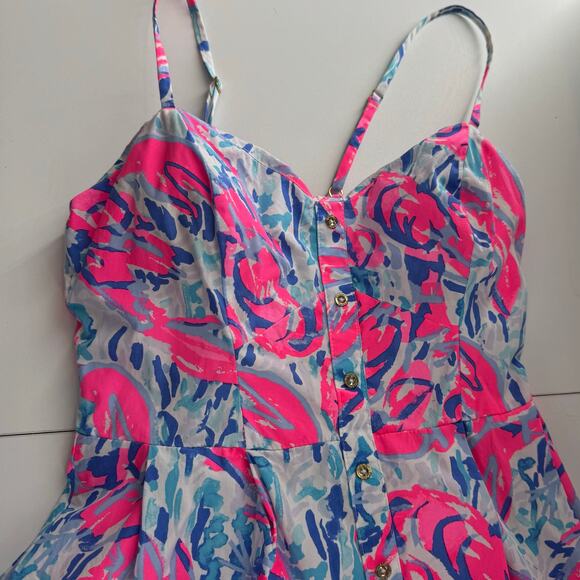 Lilly Pulitzer Easton Dress Cosmic Coral Size 0 Pink, Blue Gold Spaghetti Strap - Picture 6 of 11